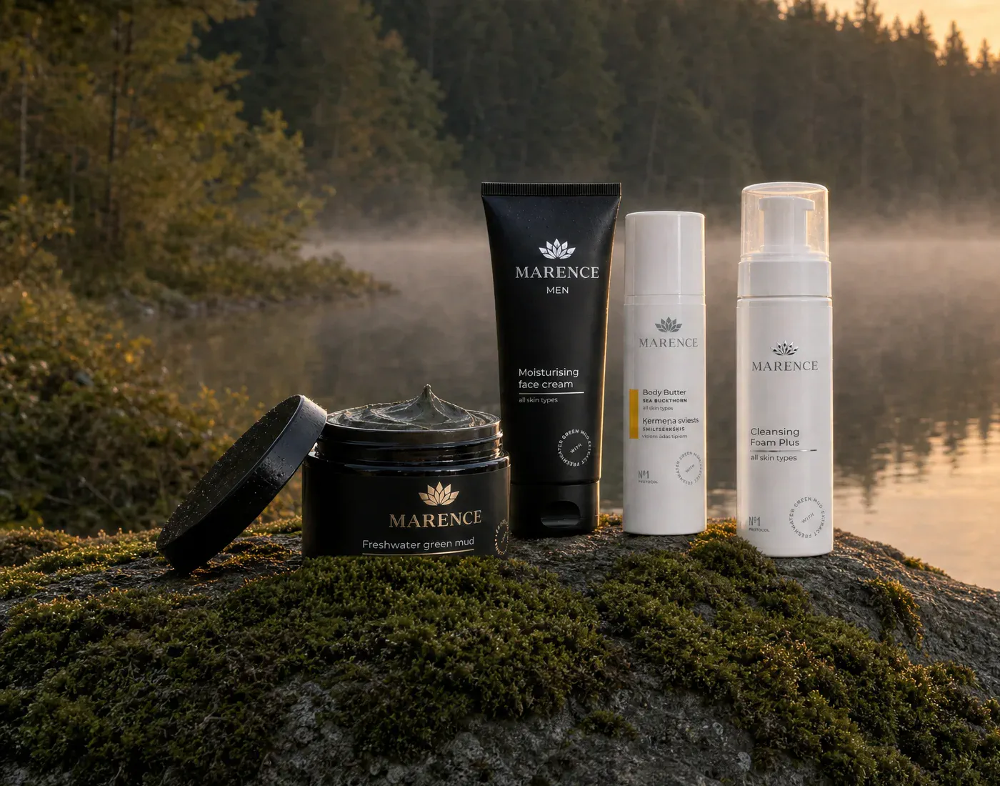 MARENCE skincare and freshwater green mud on a stone